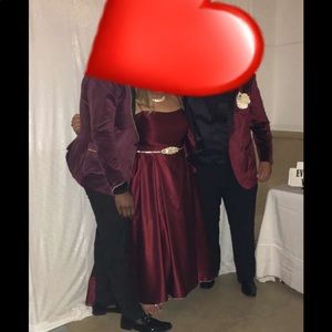 Burgundy prom dress with handmade gold detailing